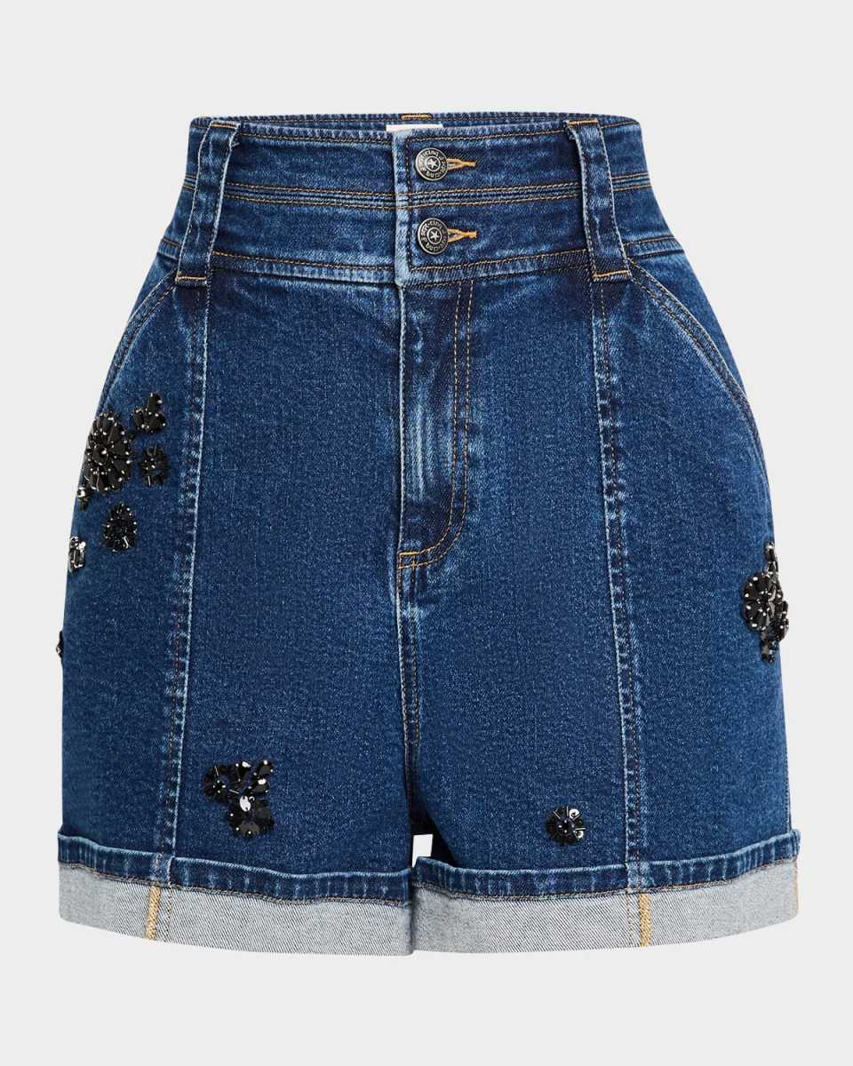 Crystal Double-Waistband Denim Shorts